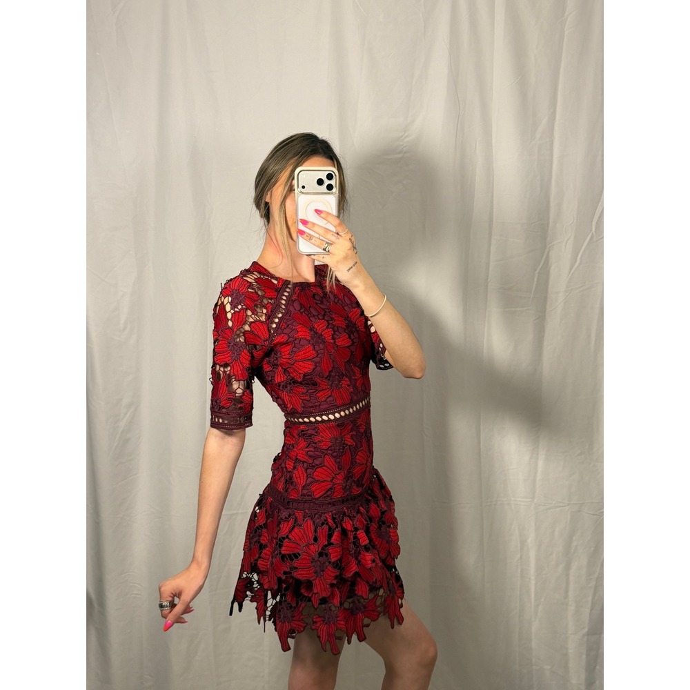 Just Me Floral Lace Mini Dress Womens XS Burgundy Red Excellent Tiered Ruffle - Picture 3 of 9